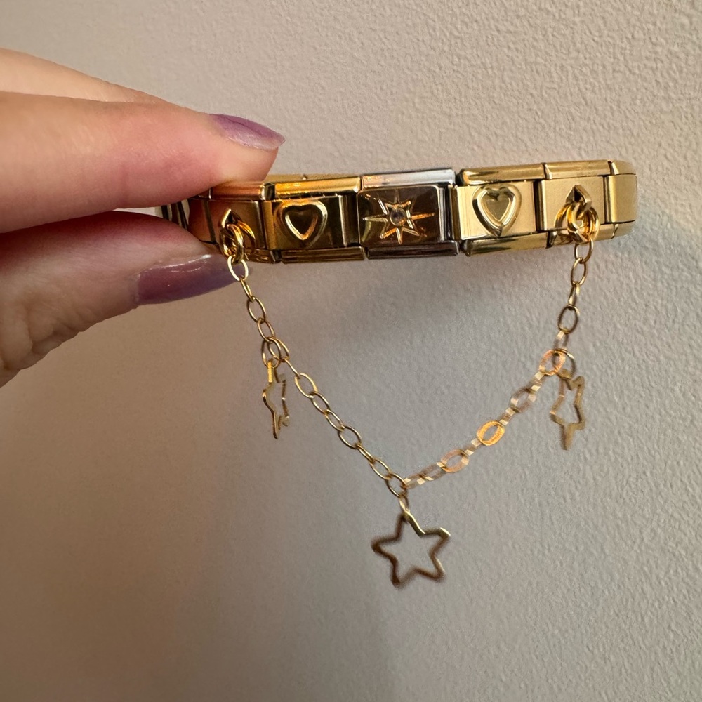 Starburst Love Gold Tone Italian Charm Bracelet with Dangle Star Chain